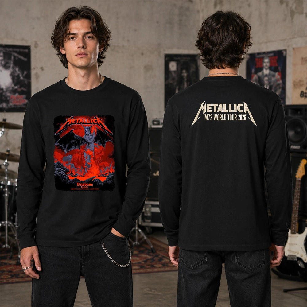 Metallica M72 World Tour November 12 2025 Suncorp Stadium Brisbane Australia 2 side T-shirt by Ken Taylor featuring a winged skeletal demon, flame details, wolf, red smoke, volcanic rocks, lava and M72 tour back print.